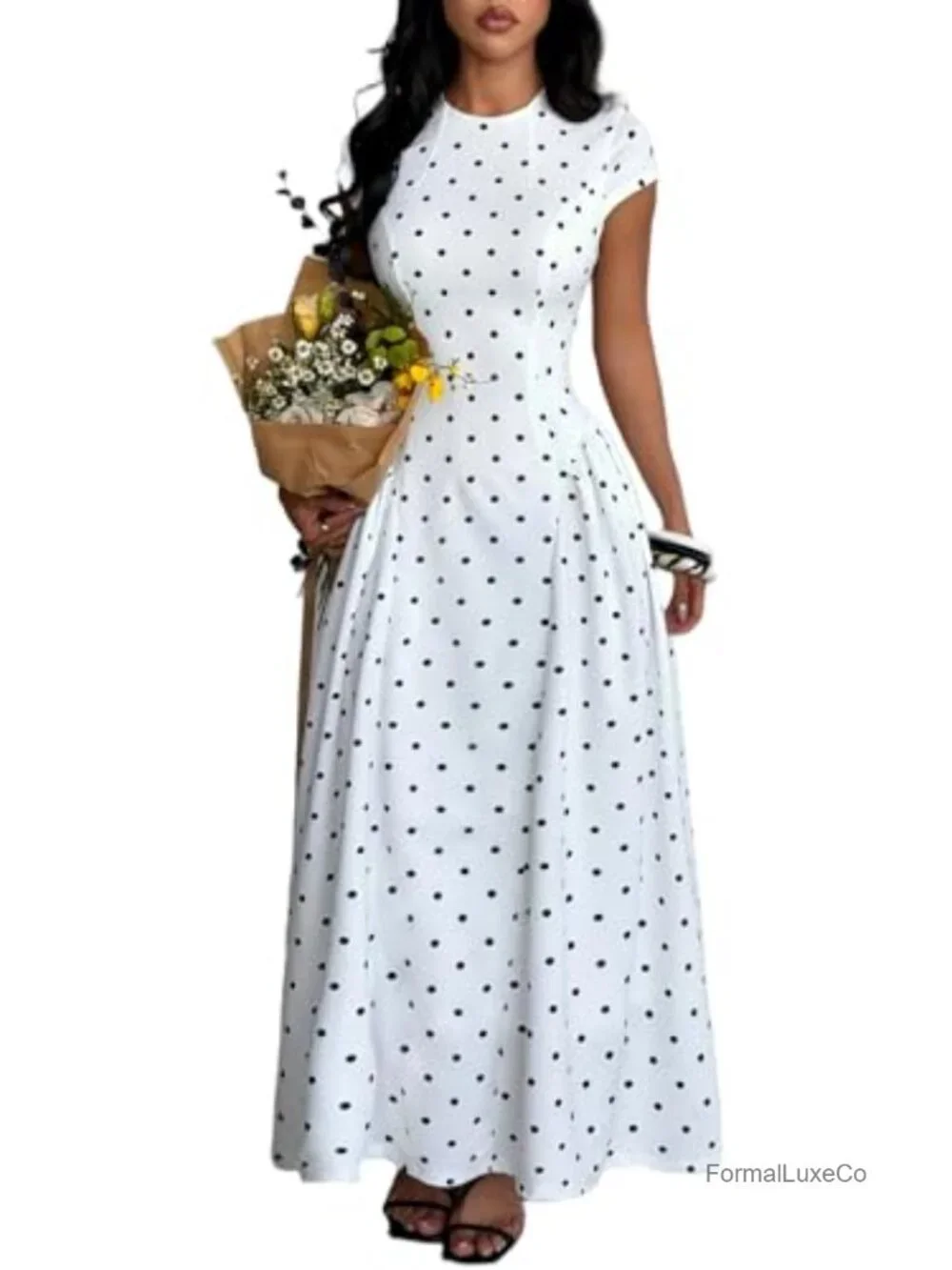 TELUPDI Womens Polka Dot Corset Maxi Dress Pleated A Line Formal Party